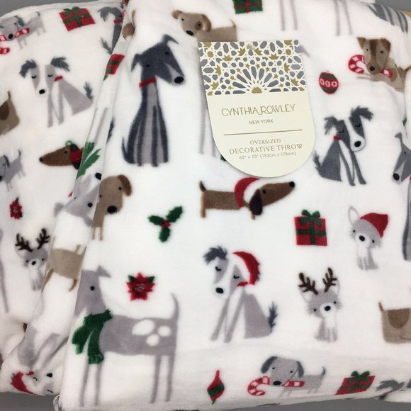 Cynthia Rowley Holiday Cynthia Rowley Christmas Dogs Throw Blanket Santa Hat Reindeer Antler